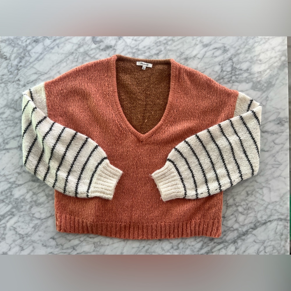 Madewell Pullover Sweater - Medium - White and Black Striped - Orange